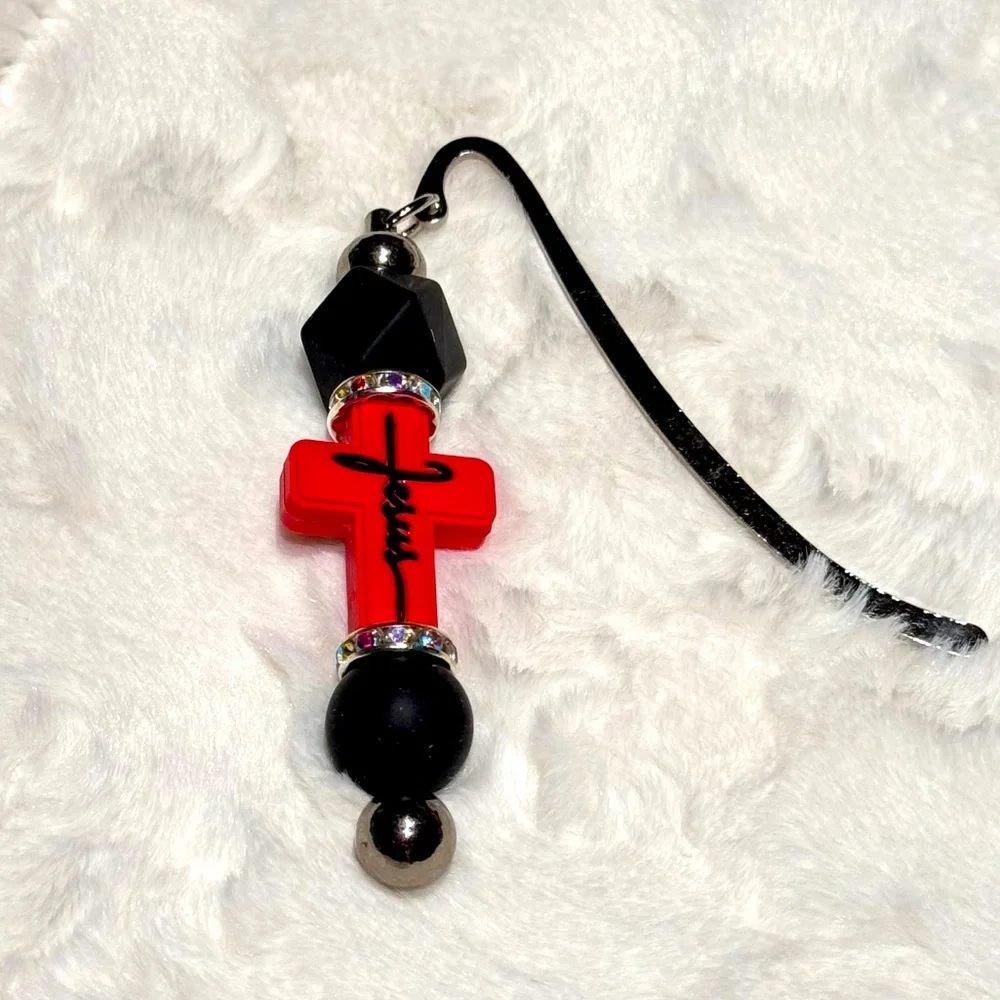 Red & black Beaded Bookmark, “Jesus” with rhinestones